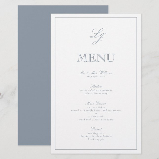 Élégant Monogramme Dusty Blue Script Menu Mariage (Devant / Derrière)