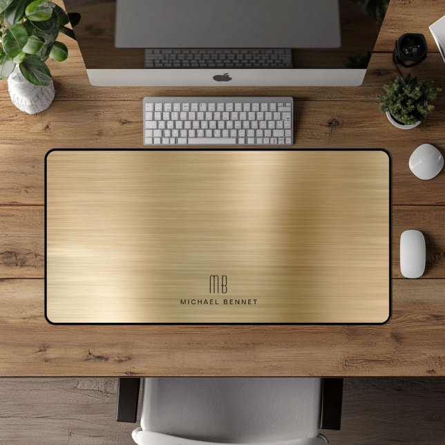 Élégant Monogrammé Faux Or Métallisé Brossé (Elegant Monogrammed Faux Gold Brushed Metallic Desk Mat)