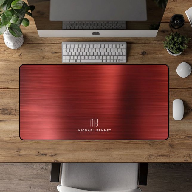 Élégant Monogramme Faux Rouge Brossé Métallique (Elegant Monogrammed Faux Red Brushed Metallic Desk Mat)