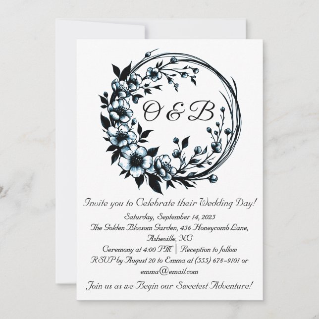 Élégant Monogramme Floral Invitations de mariage (Devant)