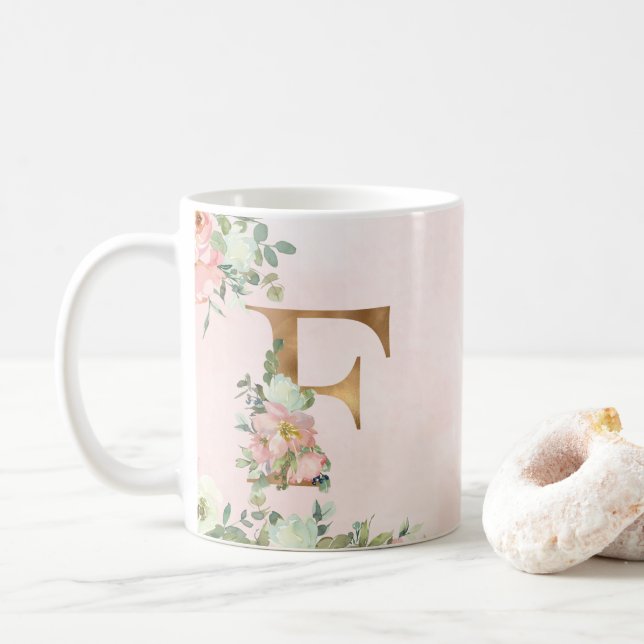 Élégant Monogramme Floral Rose F Mug Café (Avec donut)