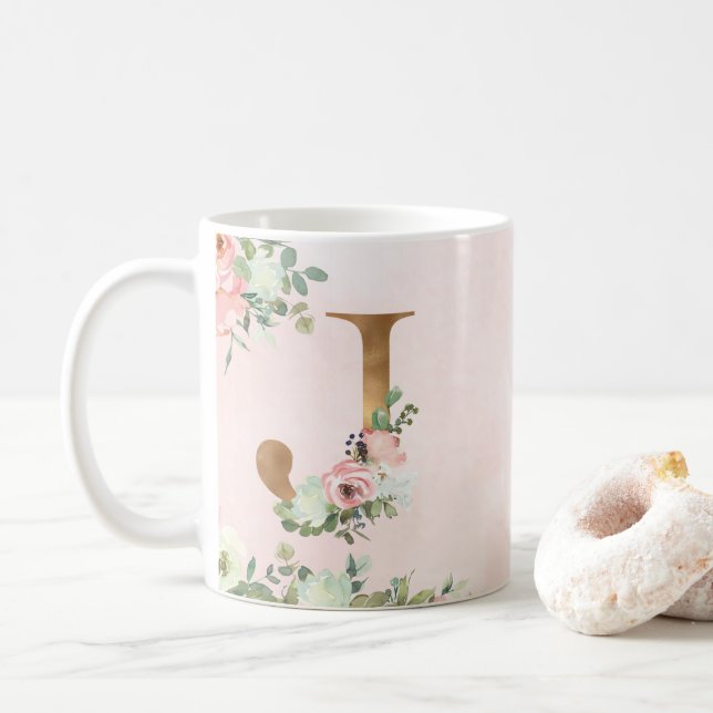 Élégant Monogramme Floral Rose J Café Mug (Avec donut)