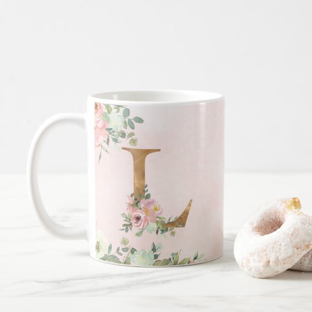 Élégant Monogramme floral rose L Café Mug (Avec donut)