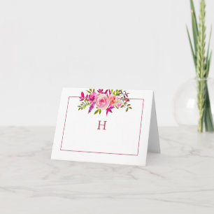 Élégant Monogramme floral rose plié Carte de note