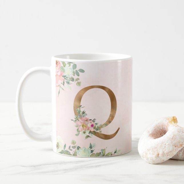 Élégant Monogramme Floral Rose Q Café Mug (Avec donut)