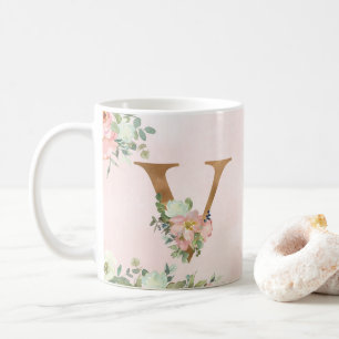 Élégant Monogramme Floral Rose V Mug Café
