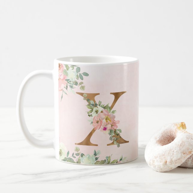 Élégant Monogramme Floral rose X Mug de café (Avec donut)