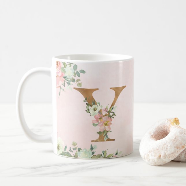 Élégant Monogramme Floral Rose Y Café Mug (Avec donut)