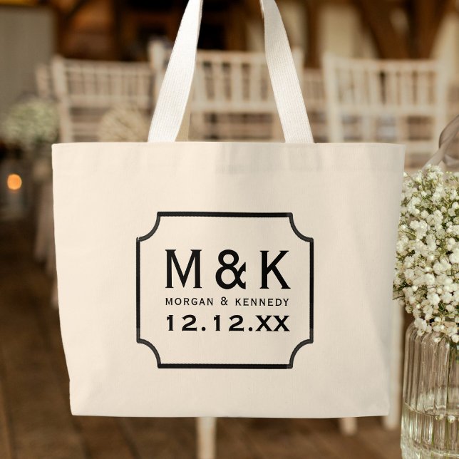 Élégant Monogramme Grand Sac fourre-tout Mariage (A classic Monogrammed Wedding Tote Bag with space for your initials and wedding date)