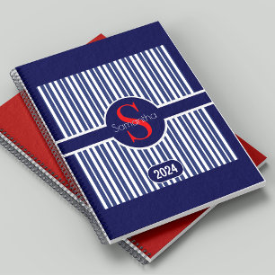 Élégant Monogramme Initiale Rayé Rouge Navy Classi