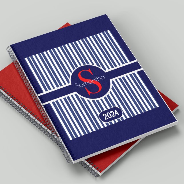 Élégant Monogramme Initiale Rayé Rouge Navy Classi (Créateur téléchargé)