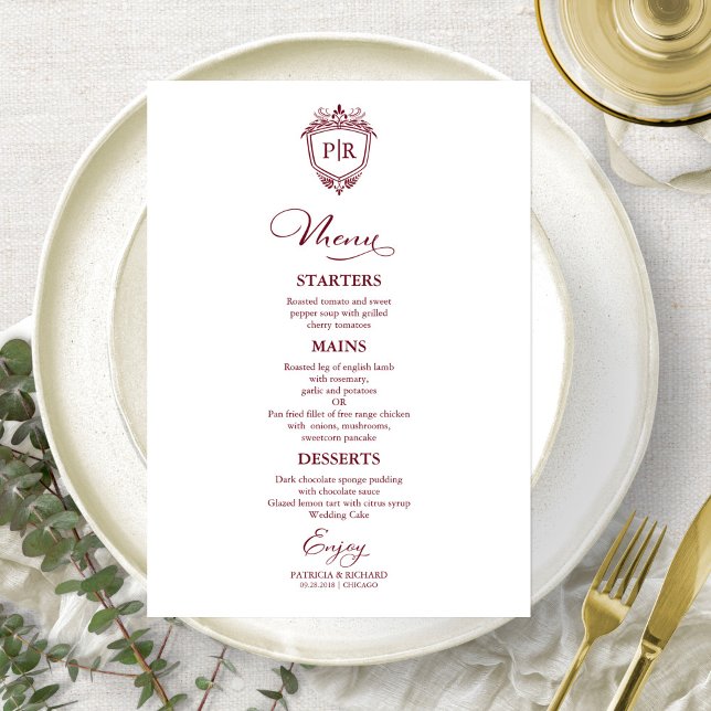 Élégant Monogramme Mariage Cartes de menu Bourgogn (Créateur téléchargé)