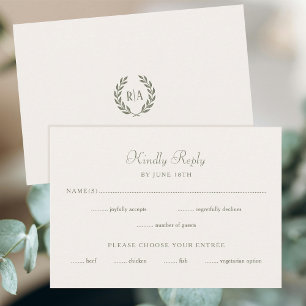 Elégant Monogramme Mariage RSVP Carte Crème Verte