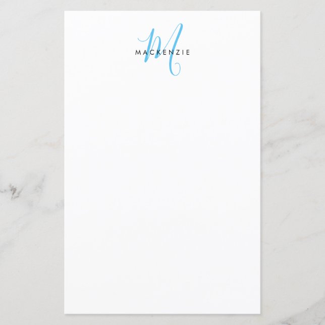 Élégant Monogramme Moderne Blanc Bleu Ciel Script (Devant)