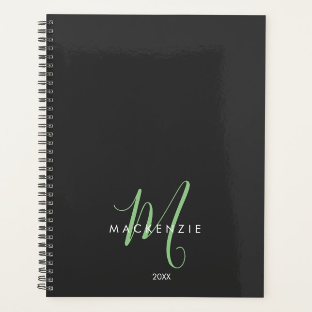 Élégant Monogramme moderne noir vert Script (Devant)