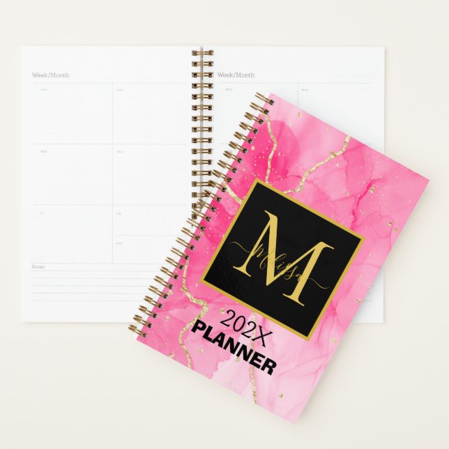 Élégant Monogramme noir marbré rose (Devant avec enveloppe)