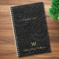 Élégant Monogramme Nom Or Fleur Noir 2026