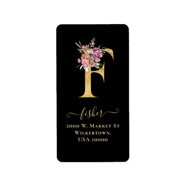 Élégant Monogramme Or F Étiquette de adresse Flora (Devant)