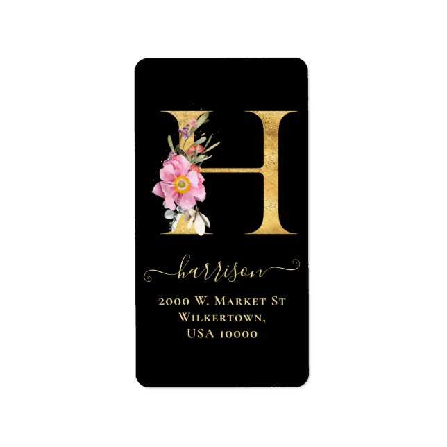 Élégant Monogramme Or H Floral Étiquette de adress (Devant)