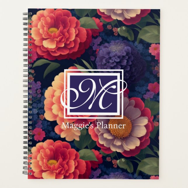 Élégant monogramme romantique orange rouge floral (Devant)