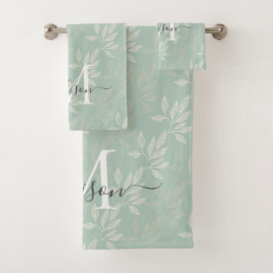 Élégant Monogramme Turquoise Botanique Feuille Fem
