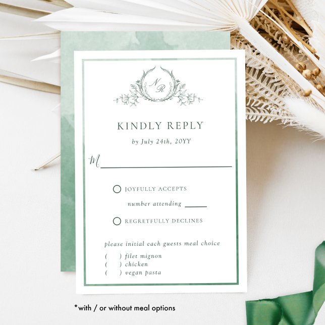 Élégant Monogramme vert avec carte RSVP Aquarelle (Créateur téléchargé)