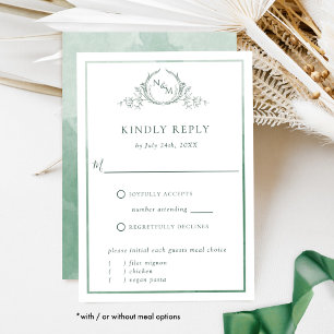 Élégant Monogramme vert et carte RSVP aquarelle