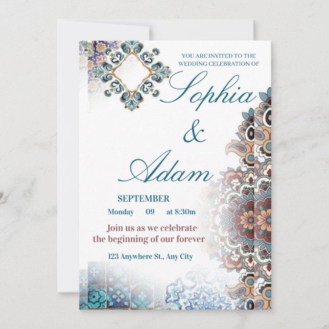 Elegant Moroccan Tile Wedding Invitation (Devant)
