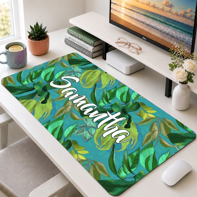 Élégant motif de feuilles vertes aqua tropical Mon (Créateur téléchargé)