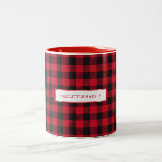 Élégant mug Noël personnalisé carreaux noir et rou