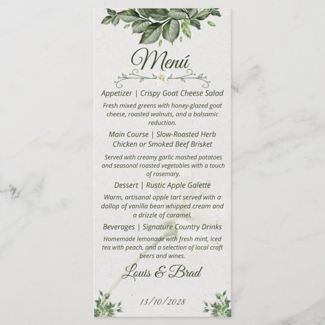 Elegant Natural Greenery Foliage Wedding Menu (Devant)