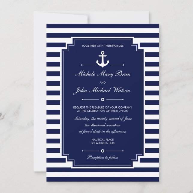 Elégant Nautique Bleu Blanc Mariage Invitation (Devant)
