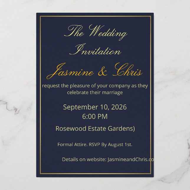 Elegant Navy Blue and Gold Foil Wedding Invitation (Recto)