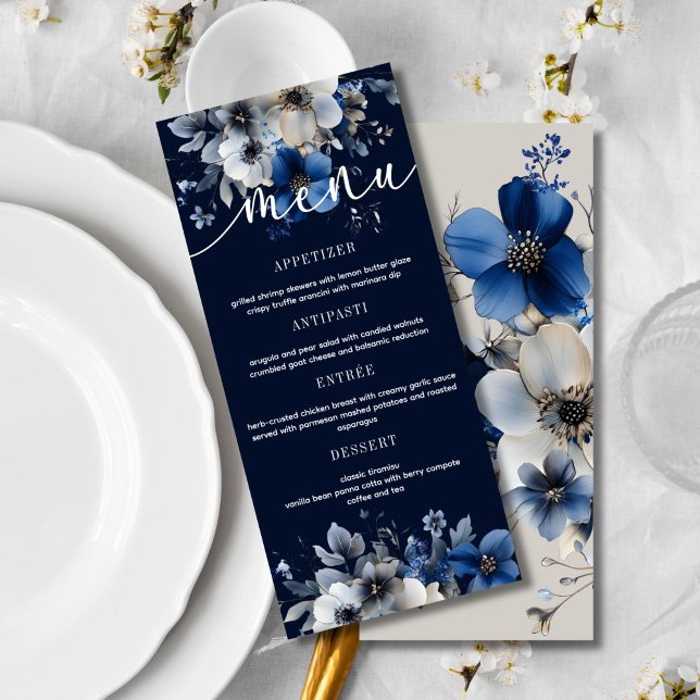 Elegant Navy Blue and Silver Floral Wedding Menu  (Créateur téléchargé)