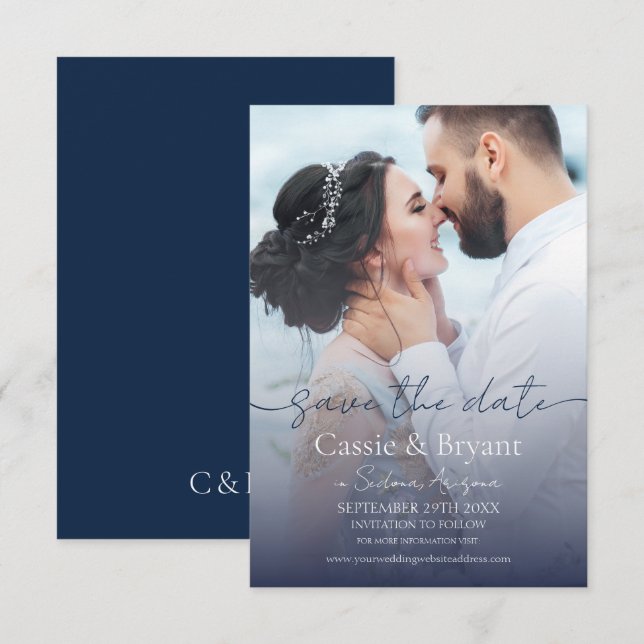 Elegant Navy Blue Fade Photo Wedding Enregistrer l (Devant / Derrière)