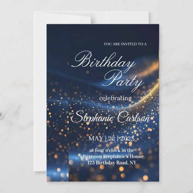 Elegant Navy Blue & Gold Birthday Party Invitation (Recto)