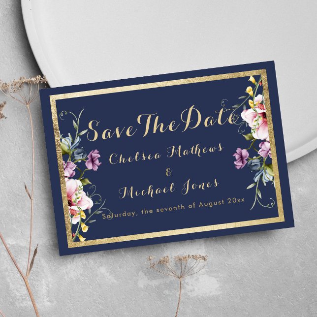 Elegant navy blue gold pink floral Save The Date (Elegant navy blue gold pink floral Save The Date )