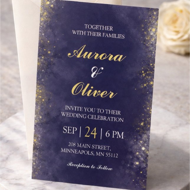 Elegant Navy Blue & Gold Wedding Invitation (Créateur téléchargé)