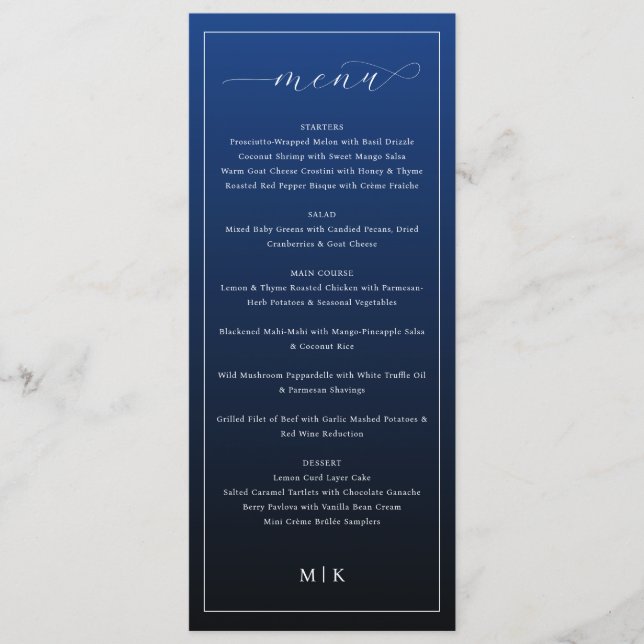 Elegant Navy Blue Minimalist Wedding Menu (Devant)