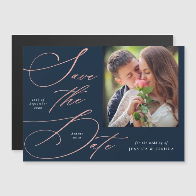 Elegant Navy Blue Photo Save the Date Magnet (Devant / Derrière)
