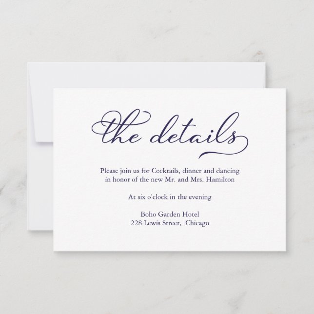 Elegant Navy Blue Script Mariage Détails Carte (Devant)