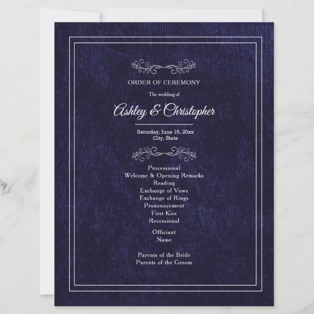 Elegant Navy Blue Velvet White Wedding Program (Devant)