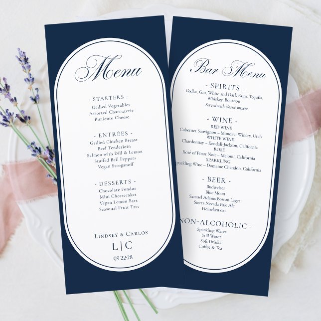 Elegant Navy Blue Wedding Dinner Menu & Bar Menu (Créateur téléchargé)