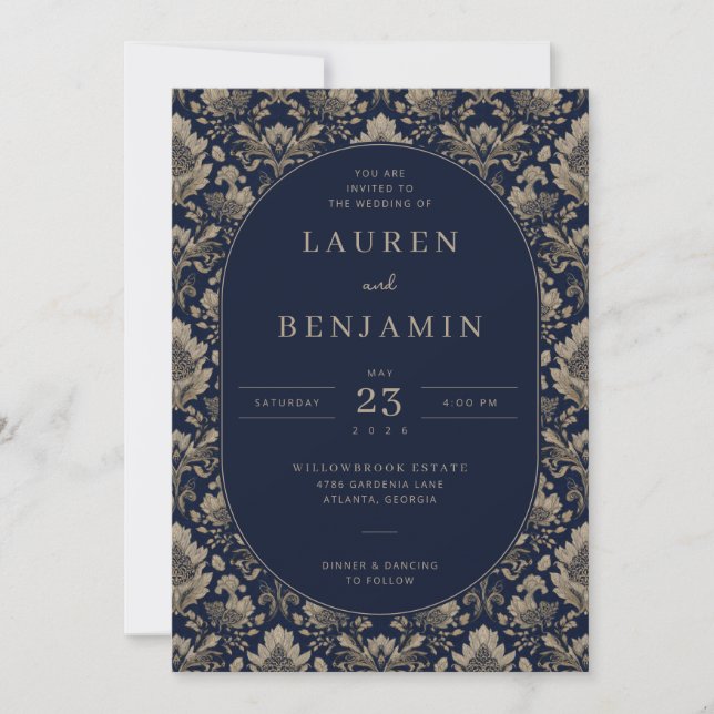 Elegant Navy Floral Wedding Invitation (Devant)