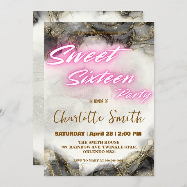 Elégant néon rose rétro Or Sweet 16e anniversaire (Devant / Derrière)