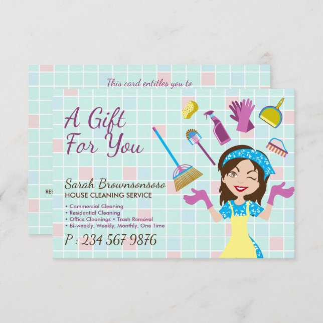 Élégant nettoyage rose bleu mignon Maid Janitorial (Devant / Derrière)