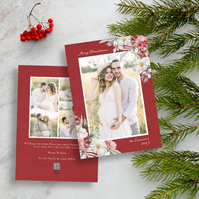 Elégant Noël Photo Collage Carte de vacances (Red Merry Christmas Photo Collage Holiday Card with Elegant Watercolor Botanical Florals Berries)
