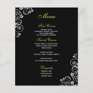 Élégant noir argenté florale torsades menu Mariage
