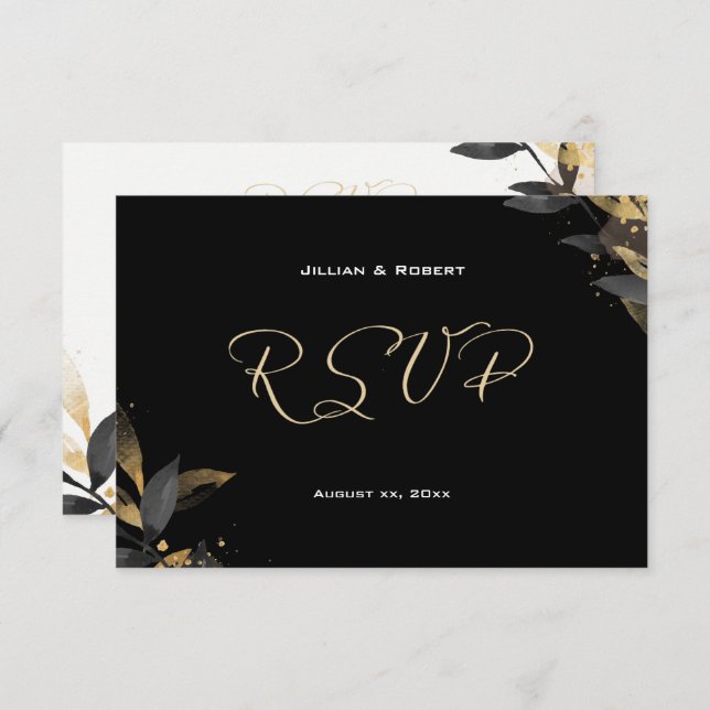 Élégant noir avec carte RSVP de mariage or (Devant / Derrière)
