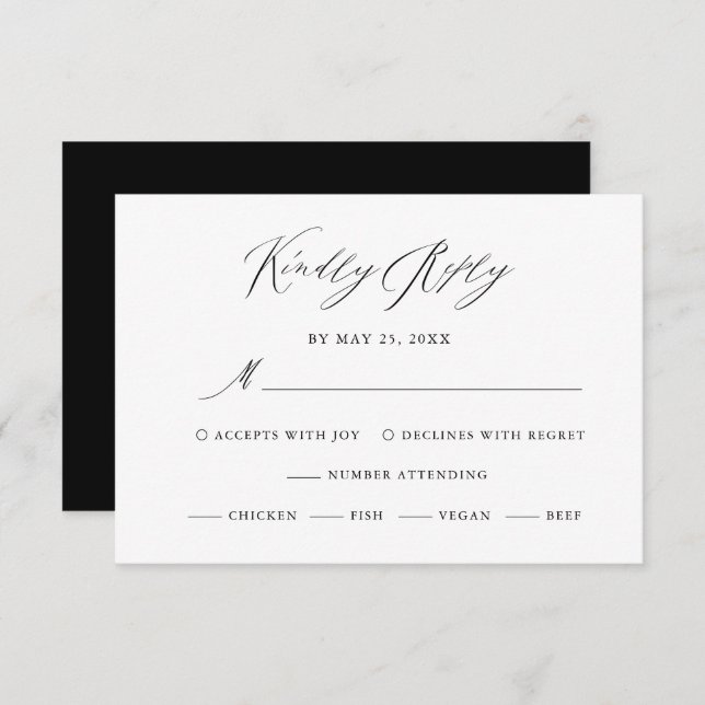Elégant Noir Blanc Calligraphie Mariage RSVP (Devant / Derrière)